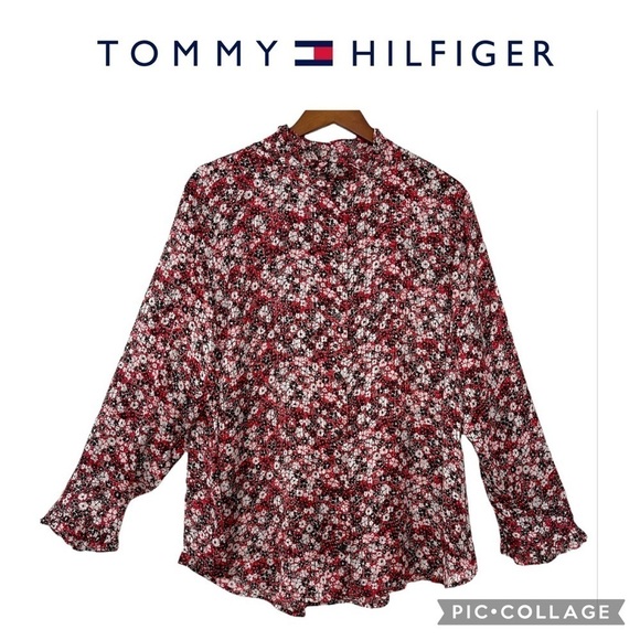 Tommy Hilfiger floral cuff sleeves ruffled collar button up shirt plus size - Picture 1 of 10